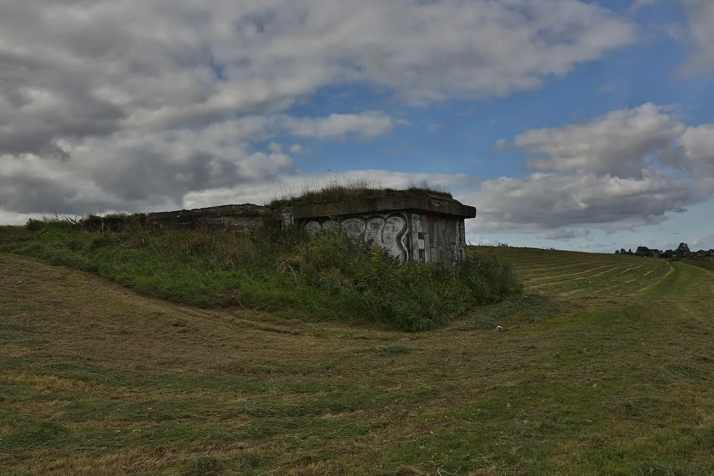 Overgrown abandoned concrete fort with a grassy moat at Fort benoorden Spaarndam under a cloudy sky