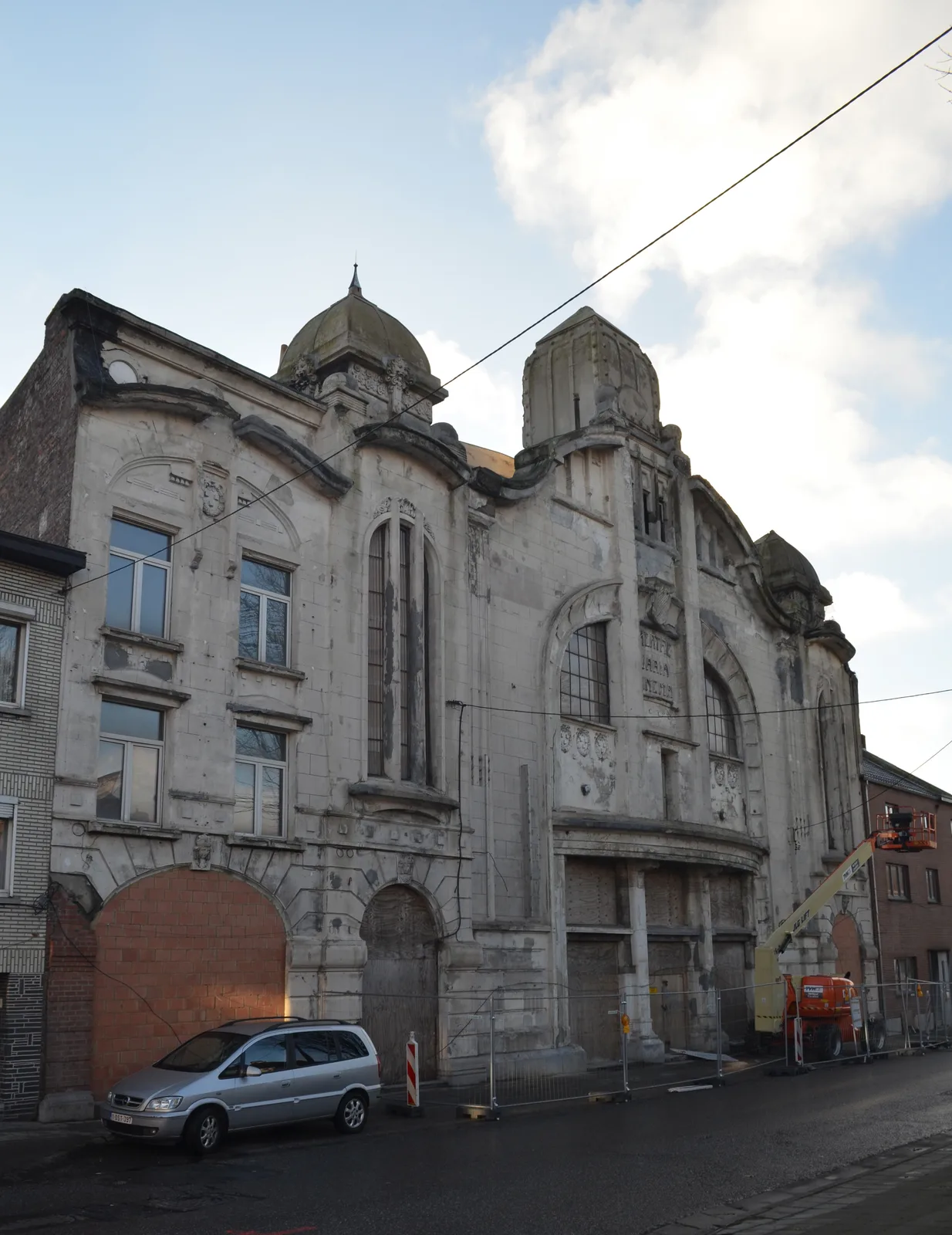 The abandoned Art Nouveau façade of the Varia cinema-theatre in Jumet, near Charleroi