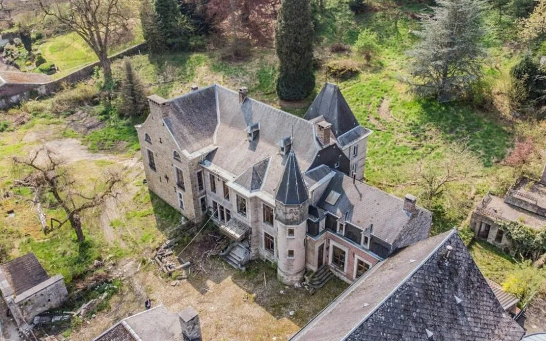 The abandoned Manoir des Thermes of Chaudfontaine seen from above, an old turreted dwelling surrounded by trees