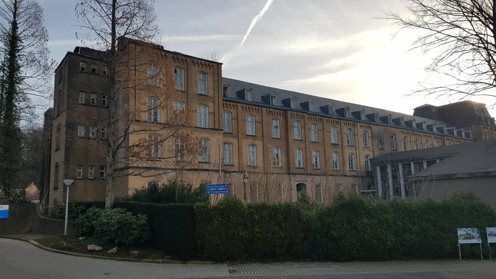 The long neo-Gothic facade of the abandoned Jesuit monastery (Ignatius College) in Valkenburg aan de Geul