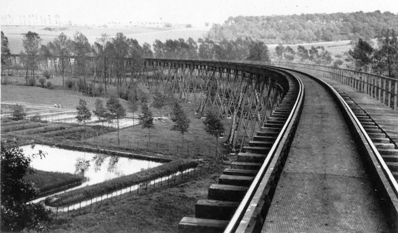 Historic 1938 photo of the tram viaduct and the fish ponds of the trout farm near Gulpen, the place that later became the Truite d'Or restaurant