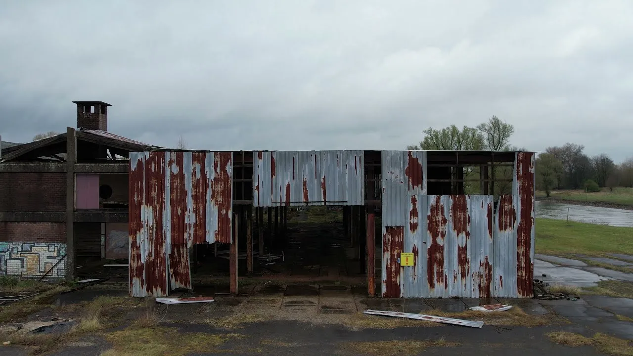 The abandoned Riverstone (De Groot) brickworks near Rheden along the IJssel, with rusty corrugated-iron halls