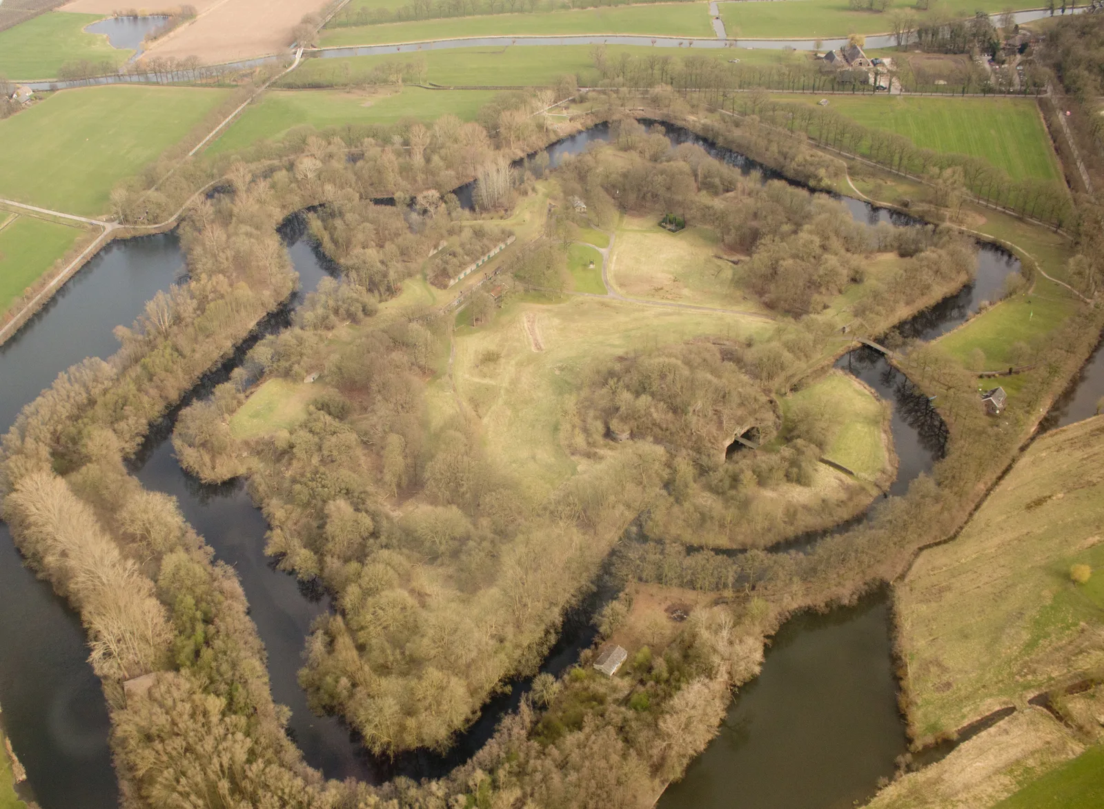 Aerial view of the overgrown, moat-encircled Fort bij Rijnauwen near Bunnik